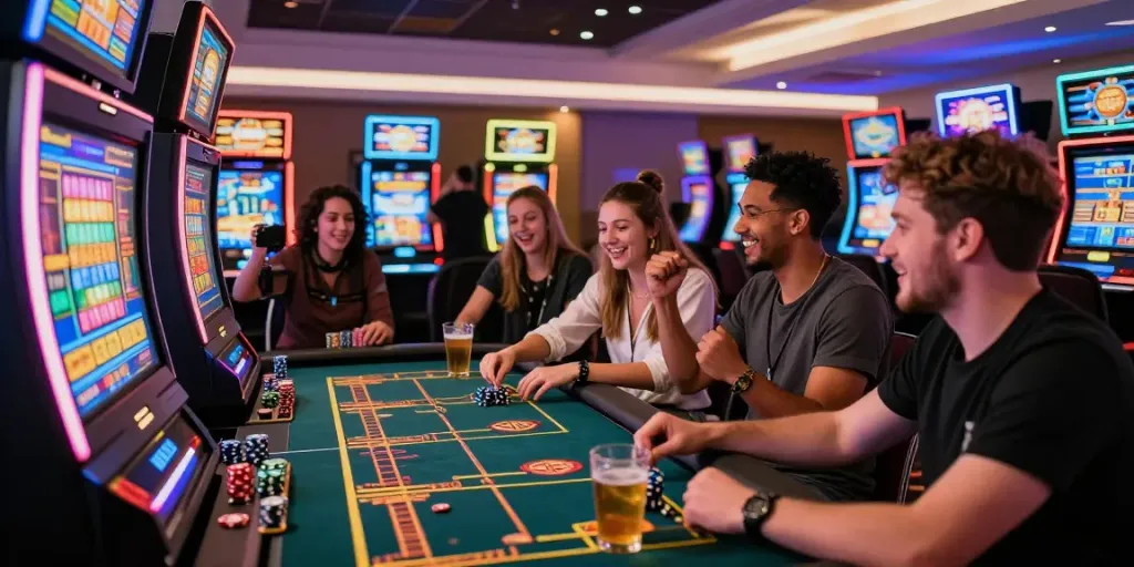 Exciting uk casino gaming scene with friends cheering at a vibrant table, showcasing colorful slot machines.