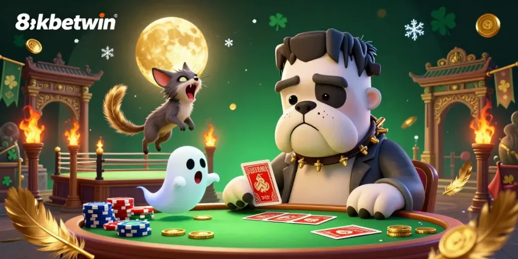 Engage with 8xbetwin's thrilling casino experience featuring a Frankenstein bulldog dealer and playful elements.