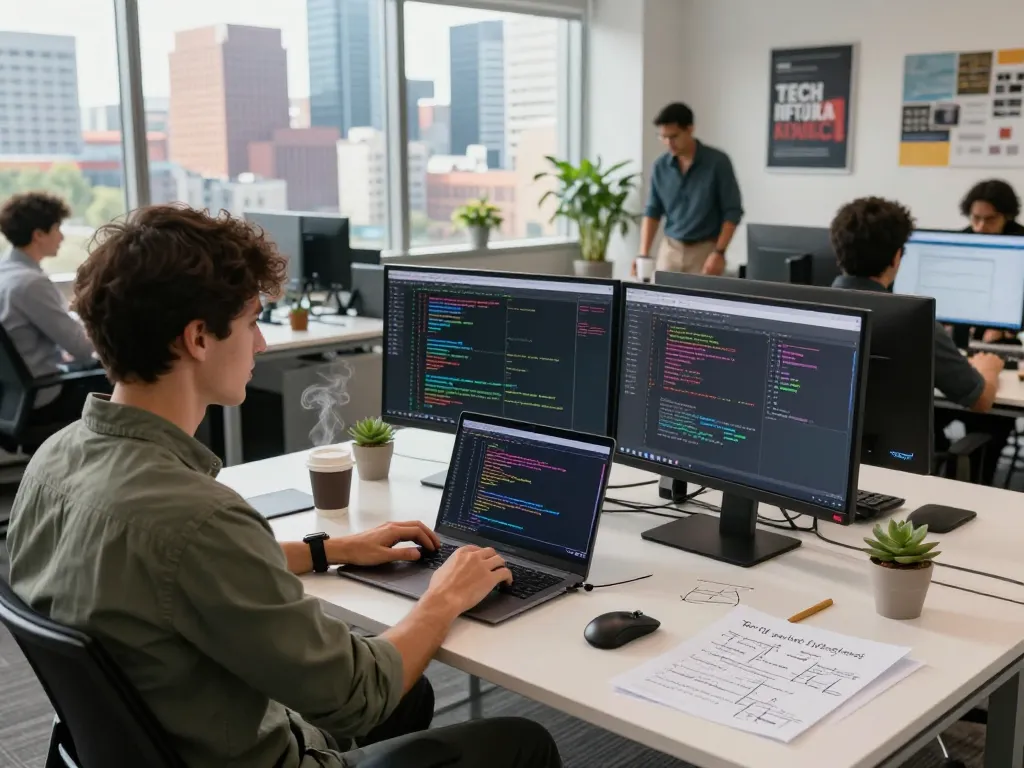 Programmer using clawbot in a modern office setting with dual monitors and coffee.