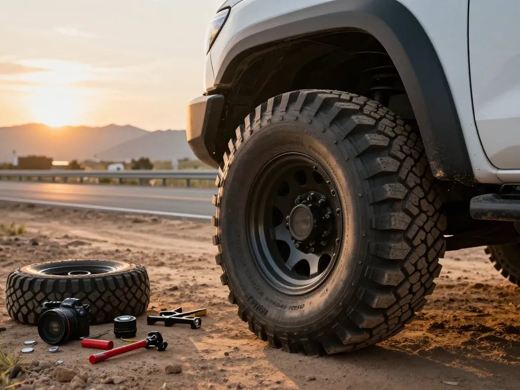 RR99 tires showcased on a truck in rugged terrain, emphasizing durability and performance.