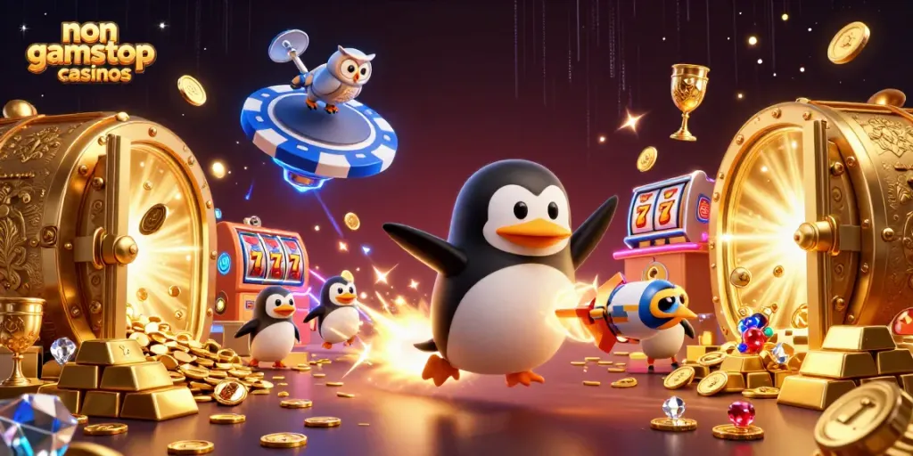 Experience the thrill of non gamstop casinos with a golden penguin soaring through a vibrant casino space scene.