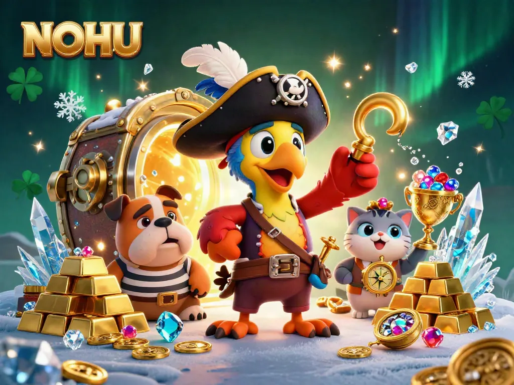 Spin to win at NOHU with a vibrant 3D casino scene filled with treasure and characters.