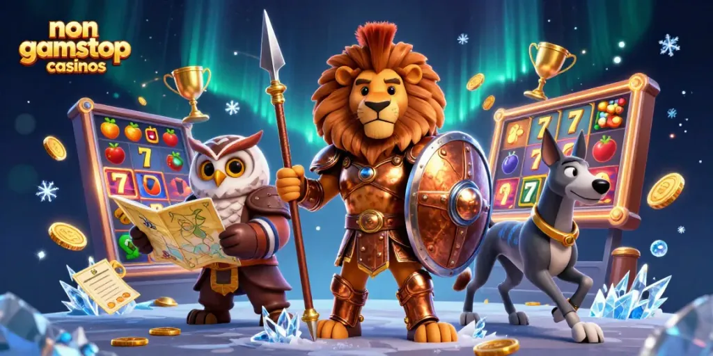 Experience the thrills of non gamstop casinos with a dynamic 3D scene featuring premium slot elements and animated characters.