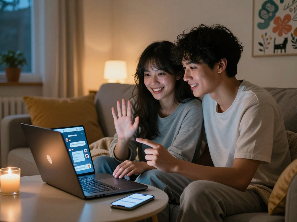 Young couple enjoying ai chat porn on a video call in a cozy living room.