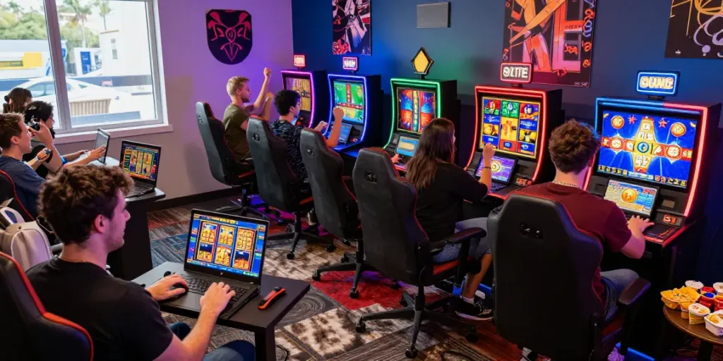 A lively online casinos scene with players enjoying colorful slot games on laptops and tablets in a cozy gaming environment.