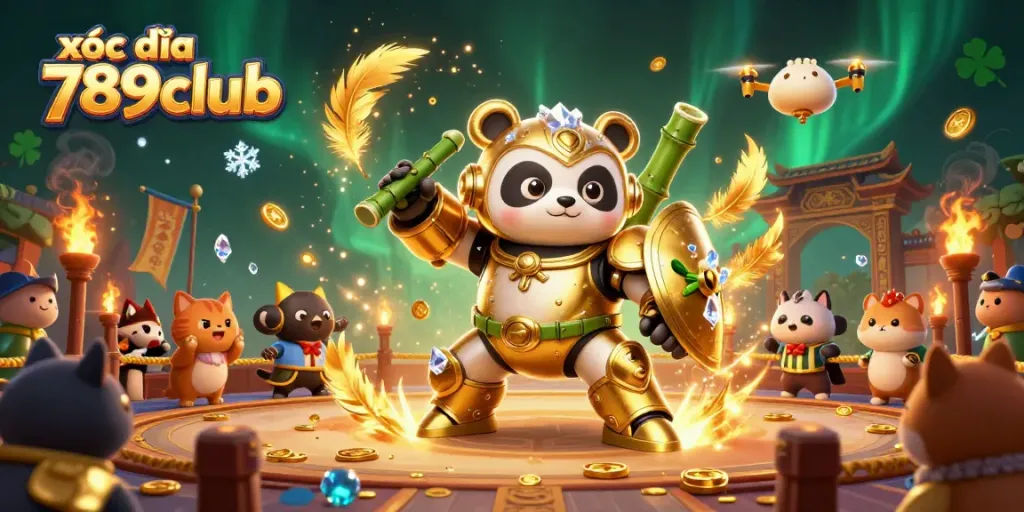 Xóc đĩa 789club takes center stage in a vibrant online gambling arena with a golden panda mech.