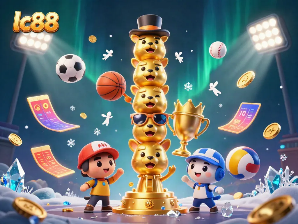 Experience thrilling sports betting action with lc88 as colorful sports balls and a golden totem capture the excitement.