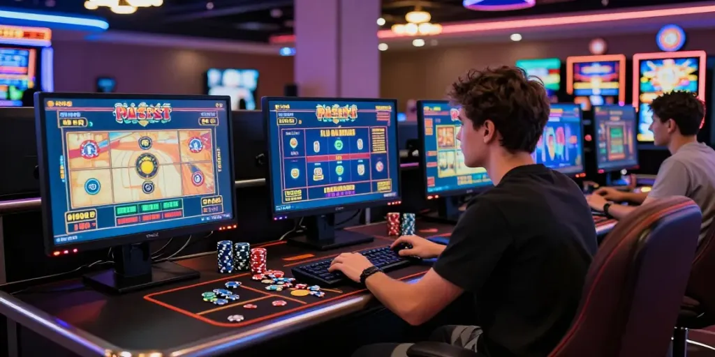 Exciting uk casino gaming scene with player at multiple screens, vibrant atmosphere and live dealer games.