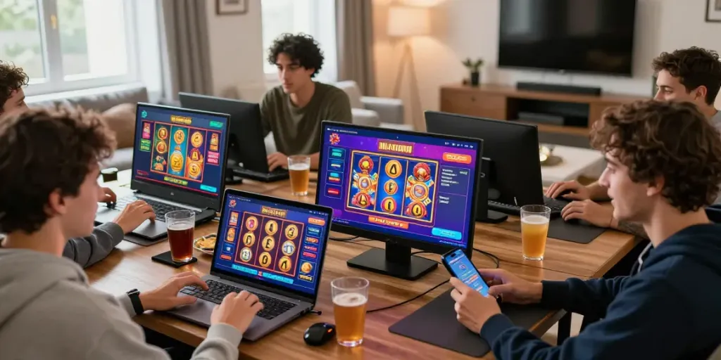 UK casino players enjoying virtual slots at home with colorful game displays and a cozy atmosphere.