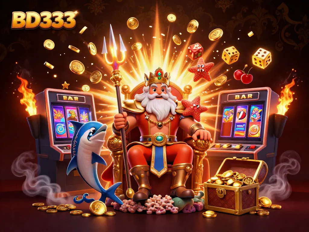 Experience the thrilling BD333 casino world with Neptune and a rainbow of game symbols.