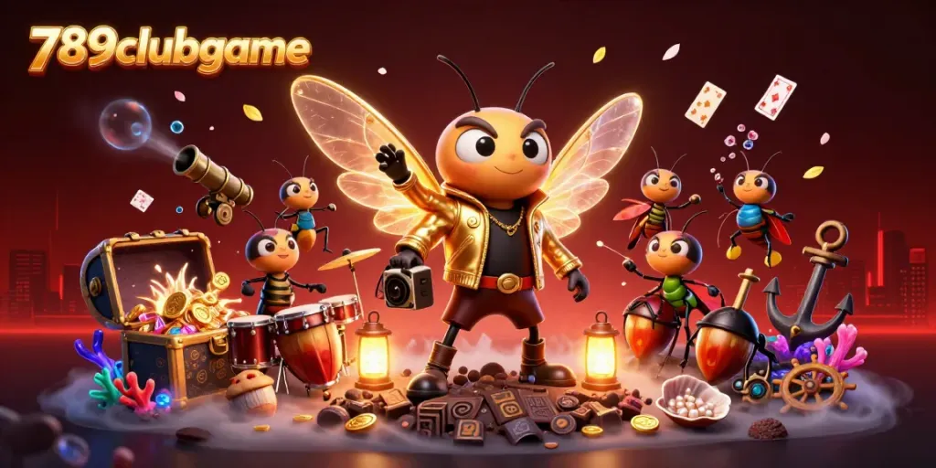 Experience excitement at 789clubgame with energetic casino characters surrounded by gaming treasures.