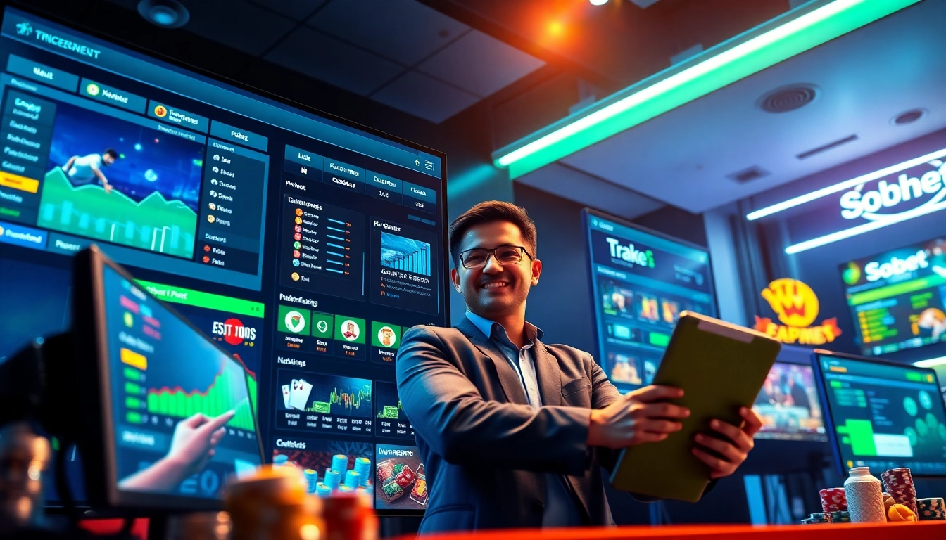 A lively digital betting interface at sbobet.dance showcasing diverse games and friendly support.