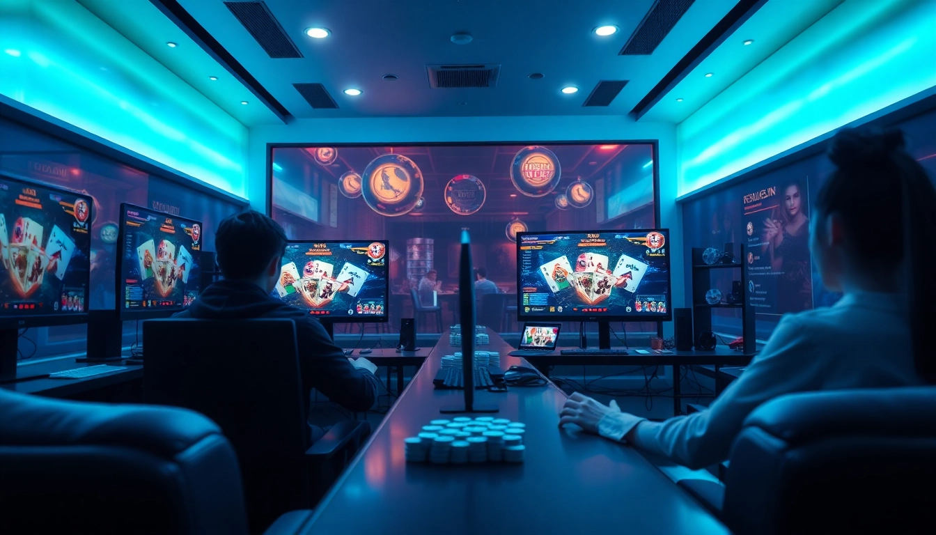 Exciting online gaming scene featuring card games at gamebaidoithuong.com.vc, with dynamic lighting and modern tech.