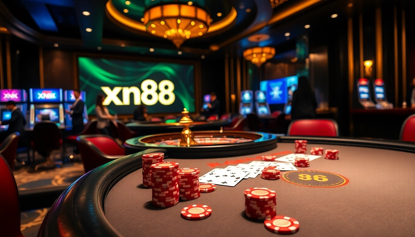 Experience the excitement of xn88 xn 88 with vibrant poker chips and roulette wheels in a luxurious casino setting.