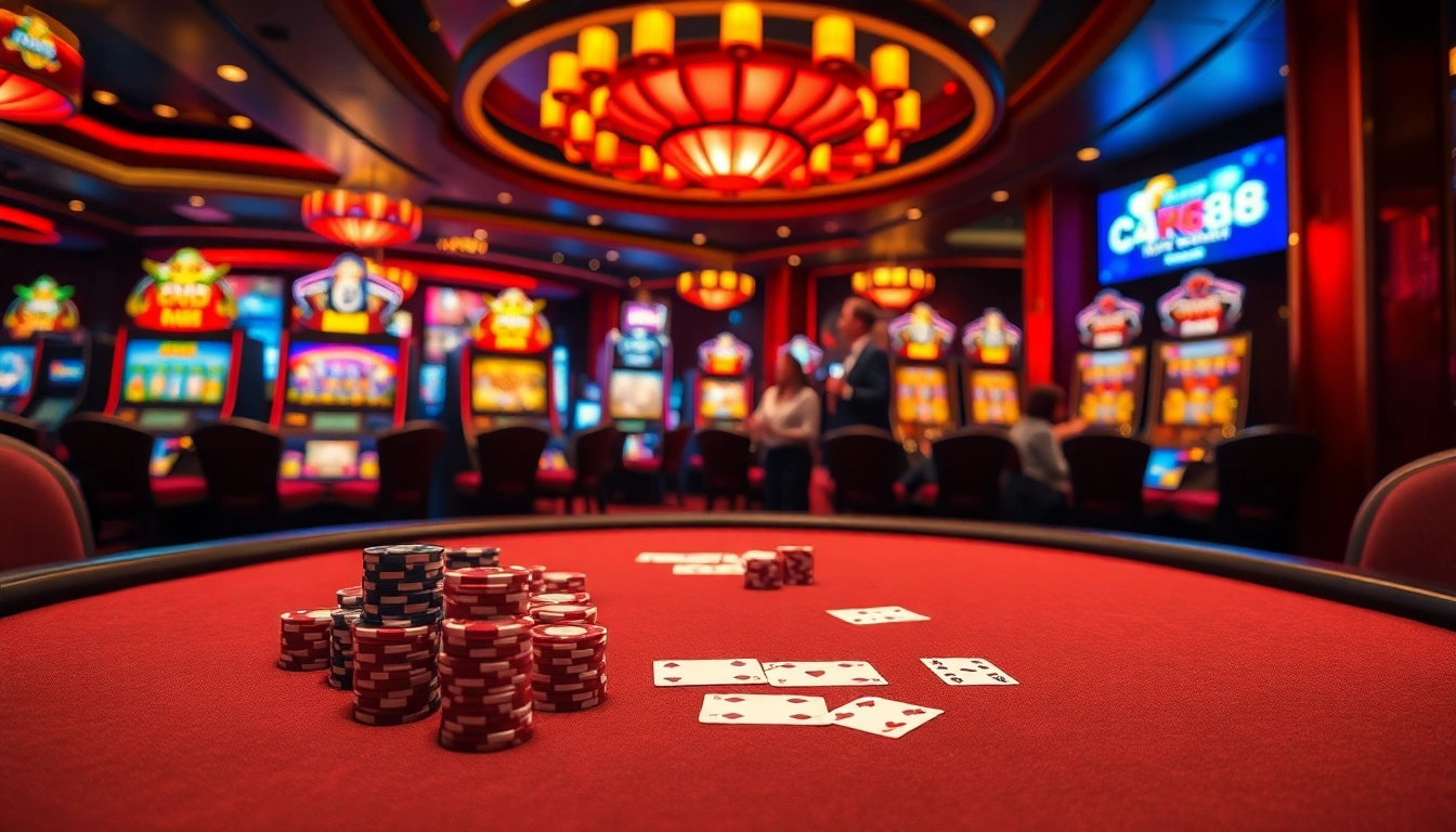 Exciting gameplay at Kp88 casino with vibrant slot machines and poker tables ready for action.