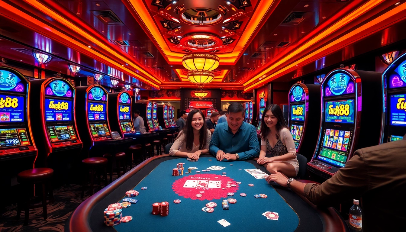 Experience thrilling casino action with lucky88, showcasing vibrant slot machines and eager players.