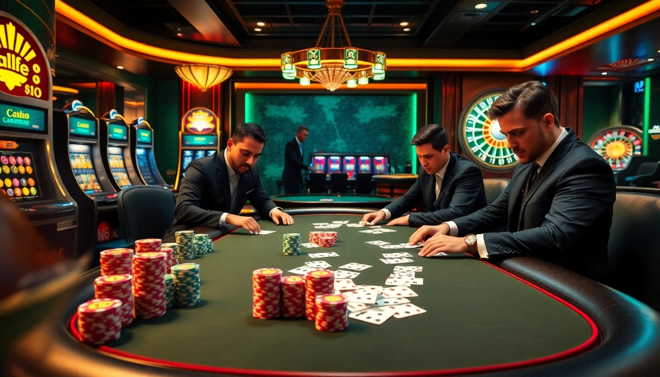 Experience the thrill of winning at BEM88's luxurious poker table amidst vibrant casino excitement.