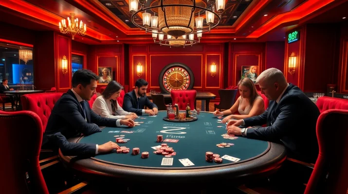 Engaged players at a vibrant poker table with 88i betting slips flying as they strategize.