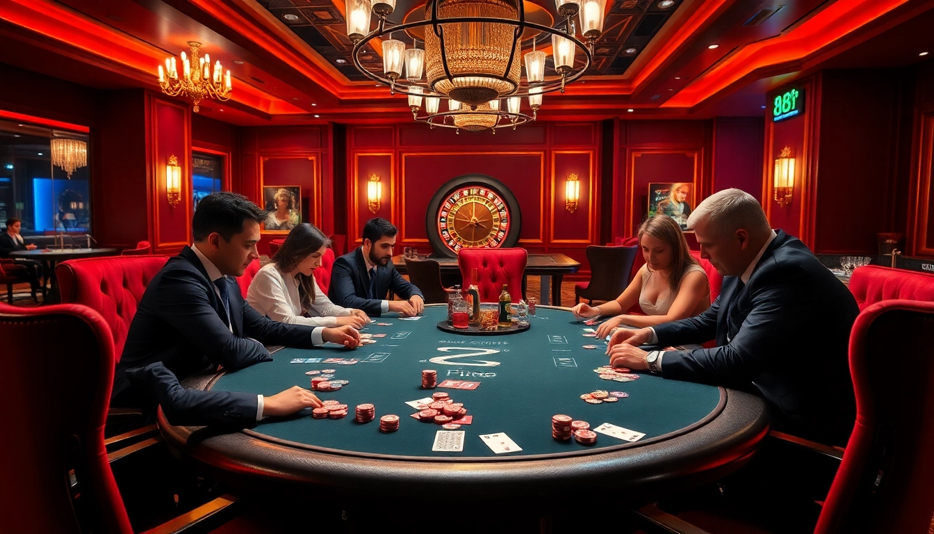 Engaged players at a vibrant poker table with 88i betting slips flying as they strategize.