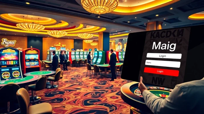 Experience thrilling wins with Mag Login at a vibrant casino gaming scene featuring slot machines and poker.