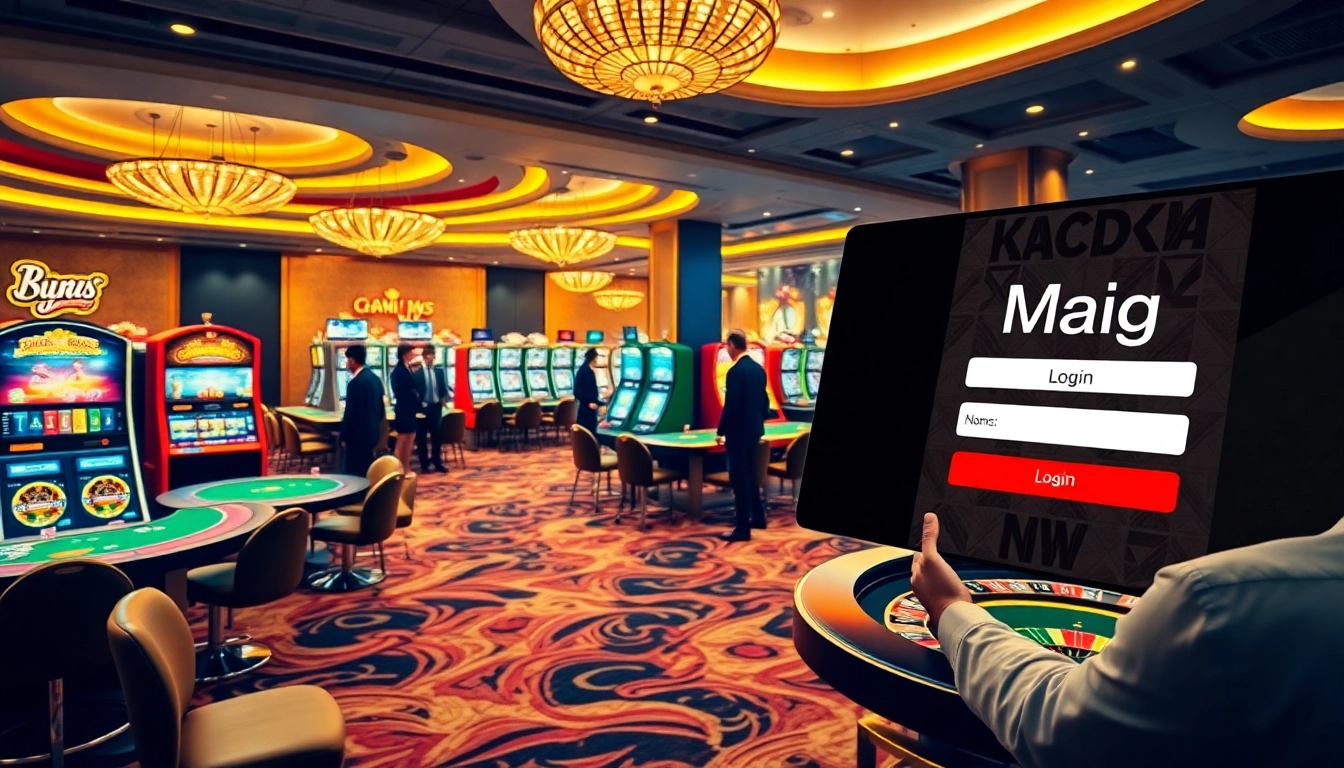 Experience thrilling wins with Mag Login at a vibrant casino gaming scene featuring slot machines and poker.