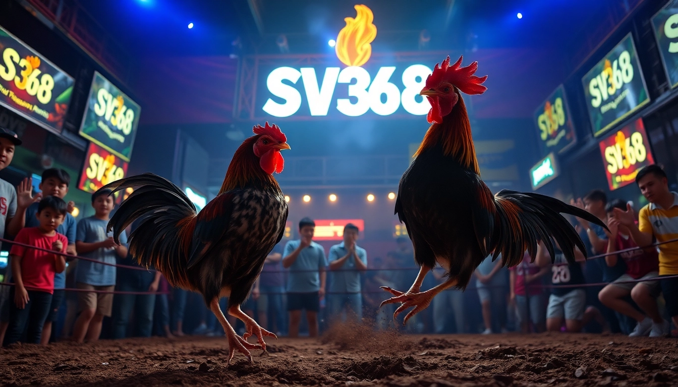 Live cockfighting event at sv368win.live, featuring vibrant spectators and dynamic action.