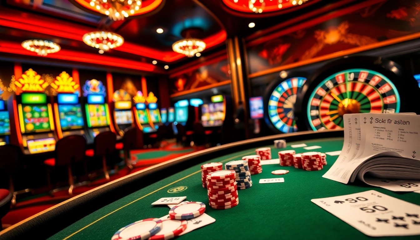 Experience the thrill of gambling at https://five88.za.com/ with vibrant poker chips and a spinning roulette wheel.