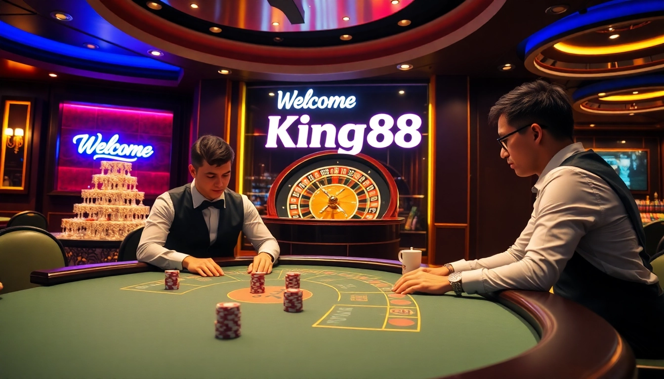 The thrilling poker action at King88 vote, featuring high-stakes chips and an exciting roulette backdrop.