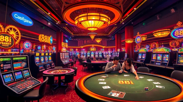 Players strategizing at a poker table in an 88i-themed casino, surrounded by vibrant slot machines.