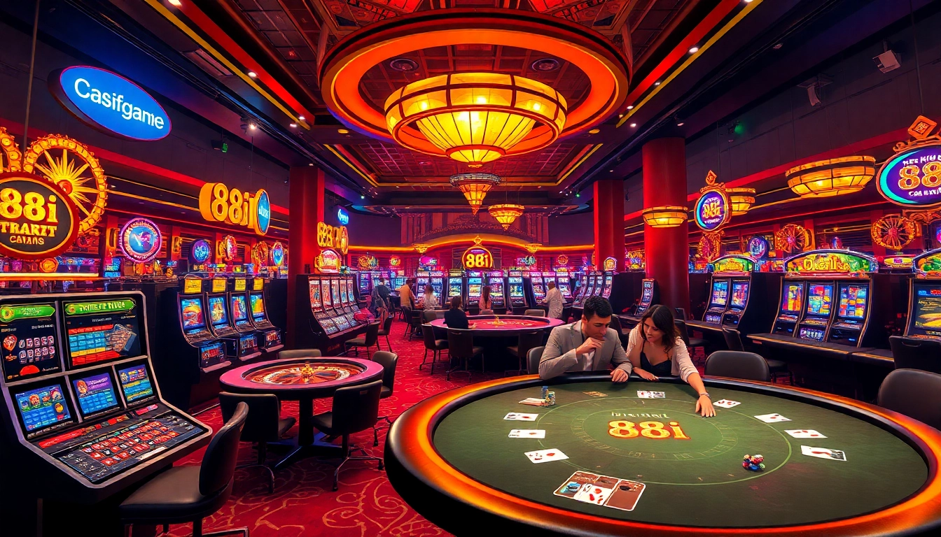 Players strategizing at a poker table in an 88i-themed casino, surrounded by vibrant slot machines.