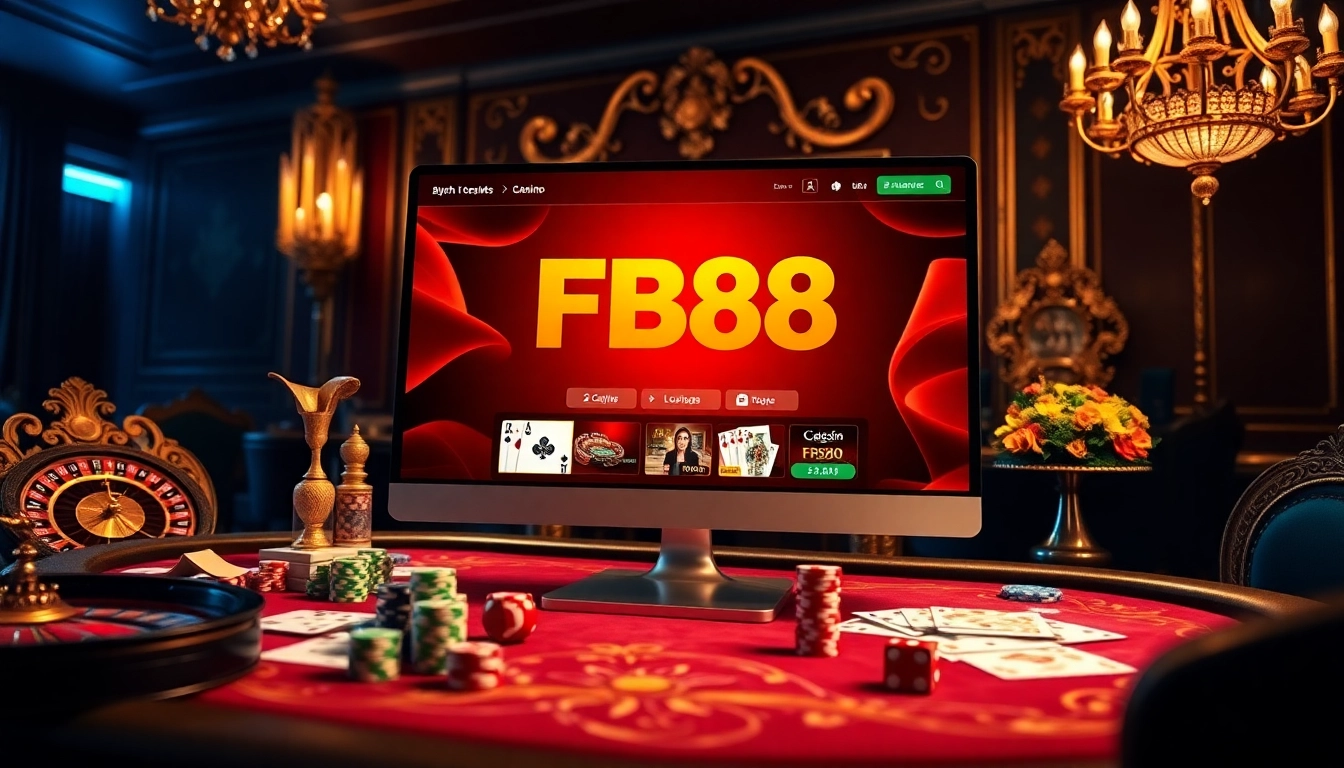Experience thrilling games at FB88 with an elegant online casino setup featuring poker chips, cards, and roulette.