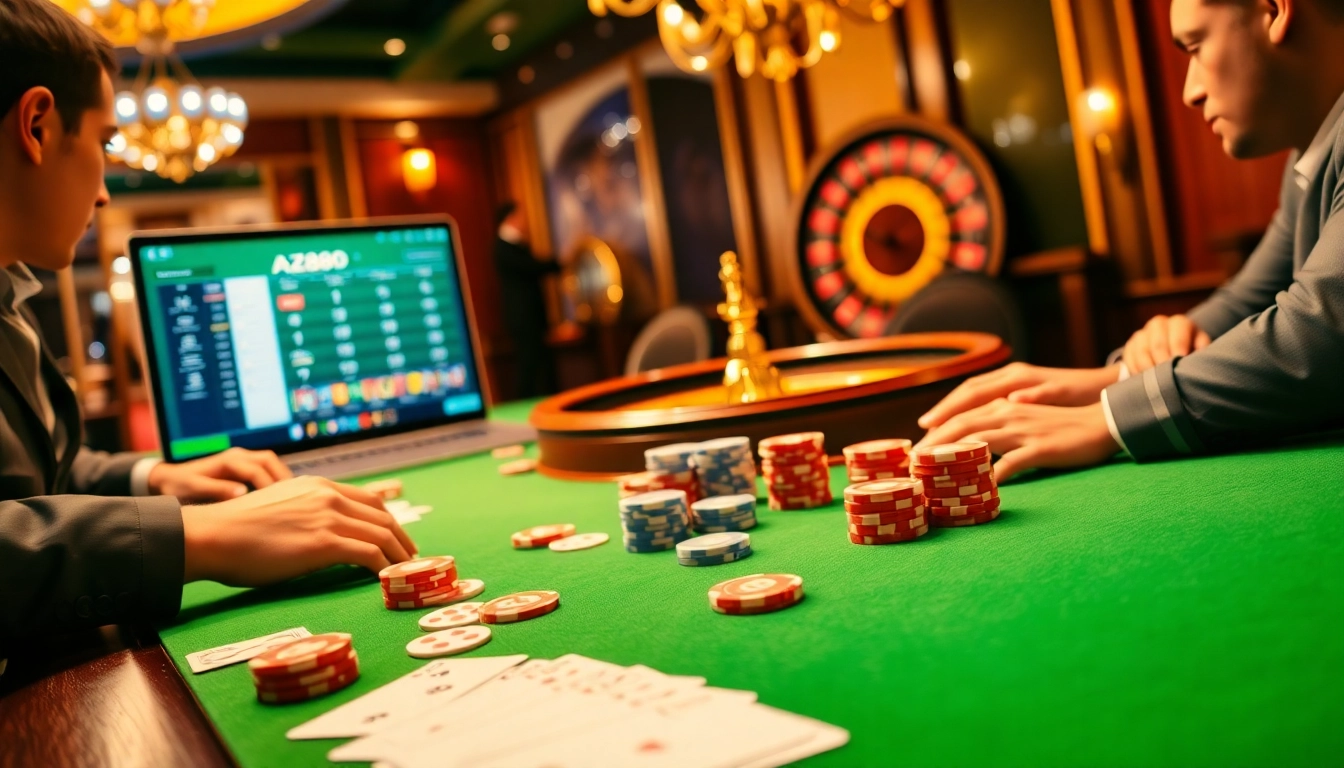 Experience thrilling games at AZ888 through immersive online betting, featuring vibrant casino elements.