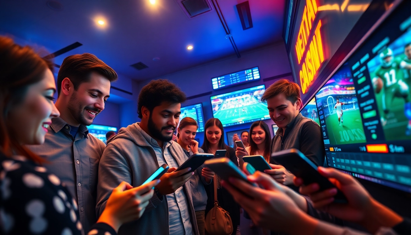 Engaging scene of diverse users enjoying online betting at 888b.bet in a high-tech environment.
