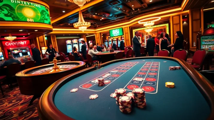 A lively casino scene showcasing strategic gambling with 88i poker tables and vibrant slot machines.