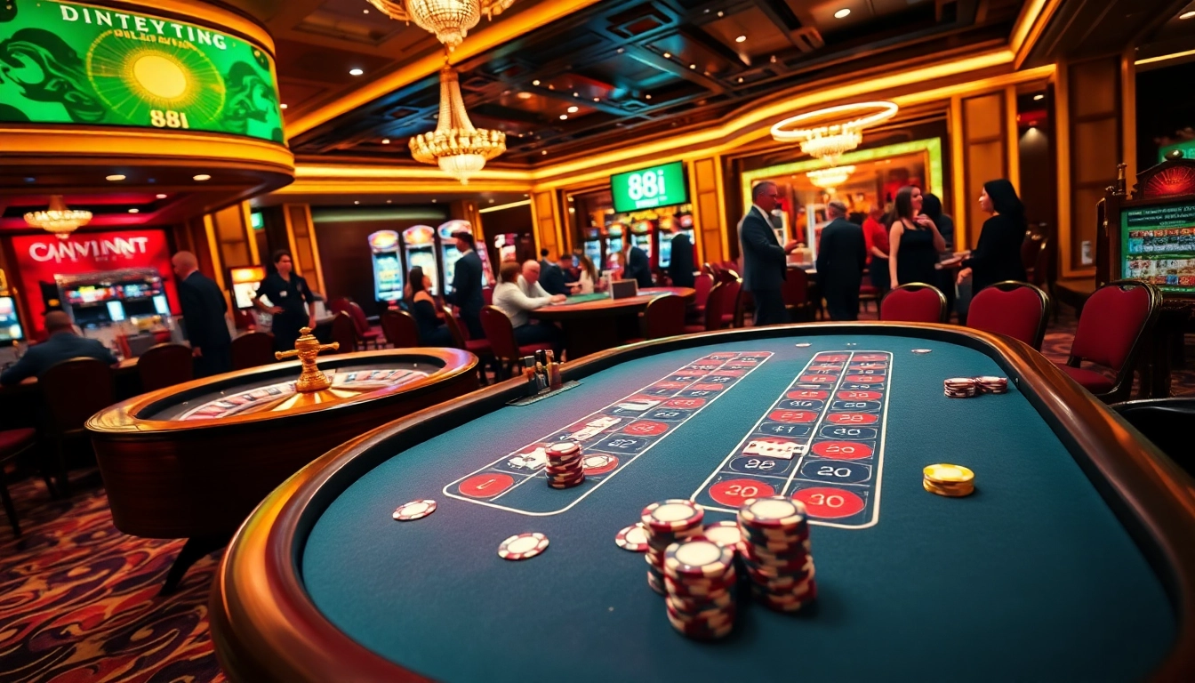 A lively casino scene showcasing strategic gambling with 88i poker tables and vibrant slot machines.