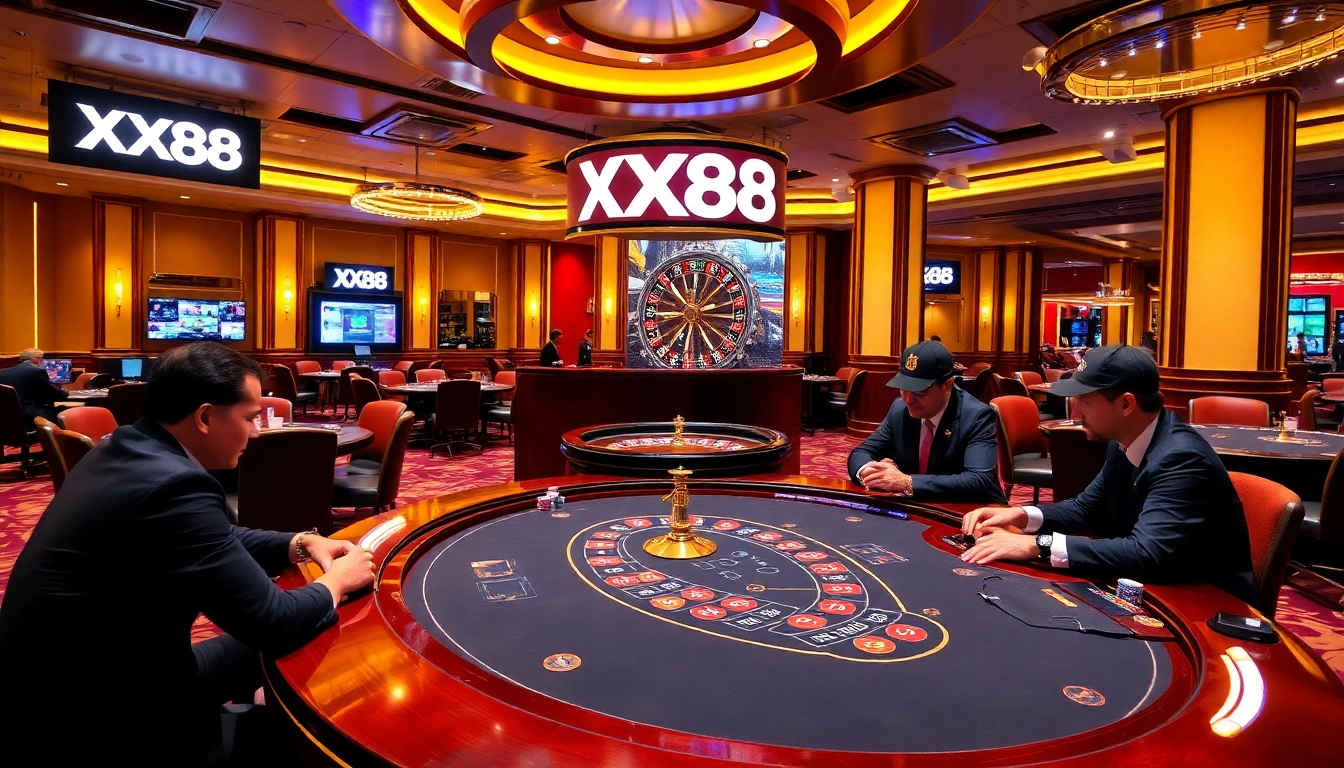 Engaging gameplay at a high-stakes casino featuring XX88 branding and vibrant poker tables.