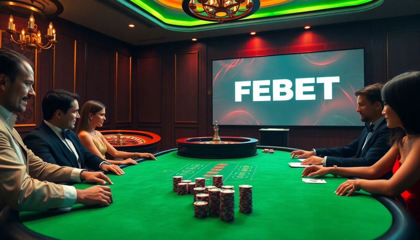 Players enjoying a high-stakes poker game at a luxurious FEBET casino setting.