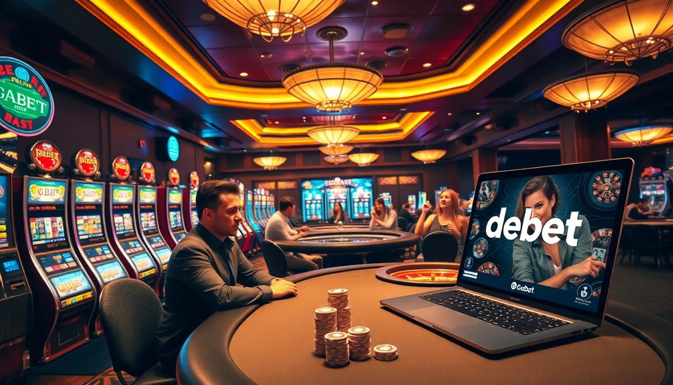 Winning big at a poker table, showcasing https://debet.fast/ with vibrant casino elements and excitement.