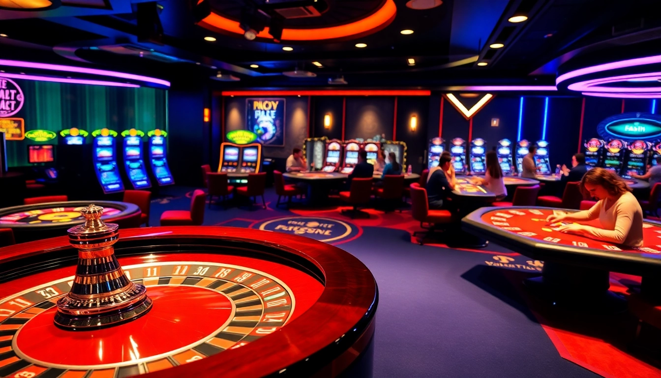 A lively casino scene from https://febet9.club/ showcasing poker, roulette, and slot machines for gamblers.