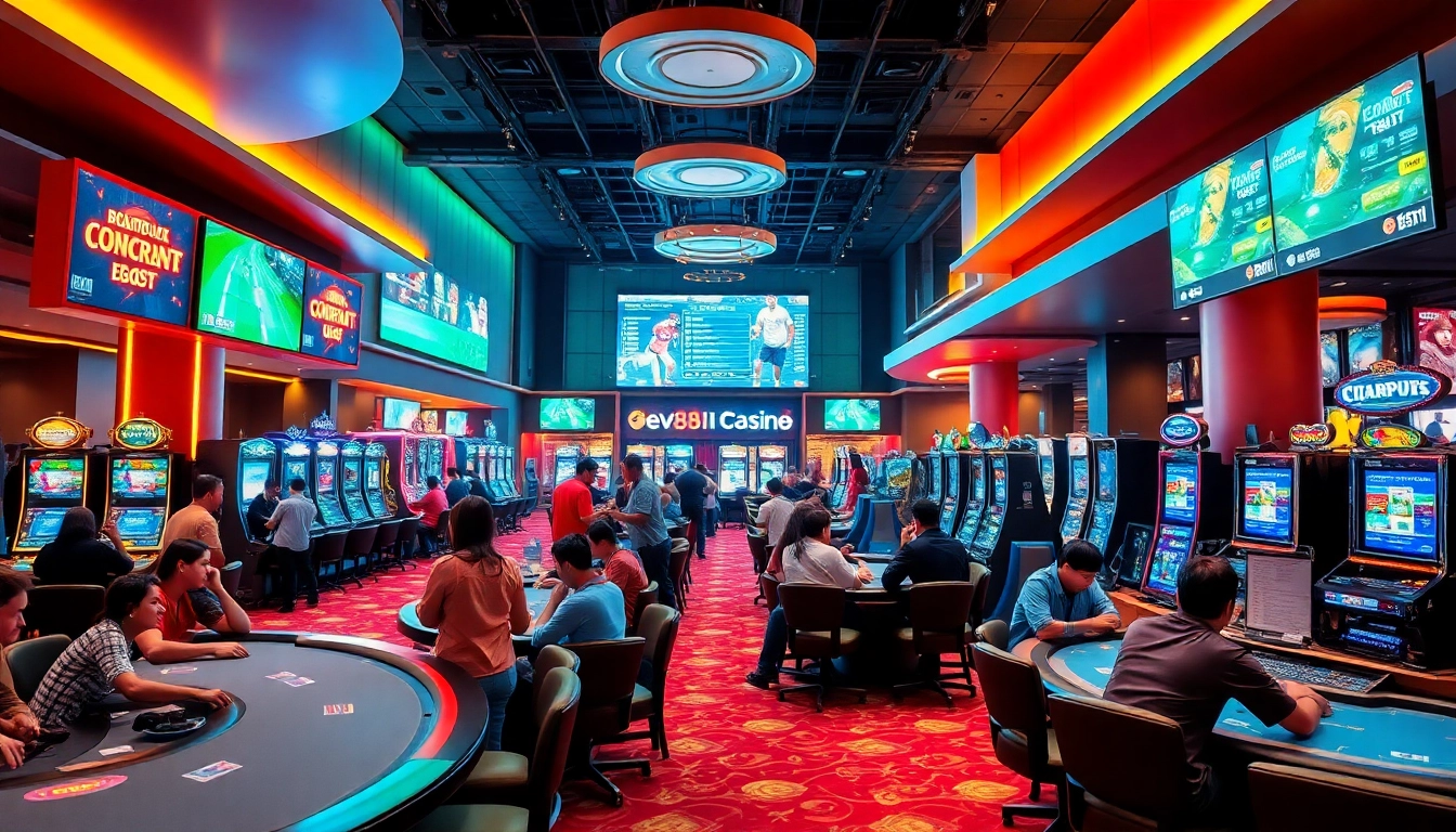 Dynamic gaming scene at ev88win.live showcasing casino games and sports betting excitement.