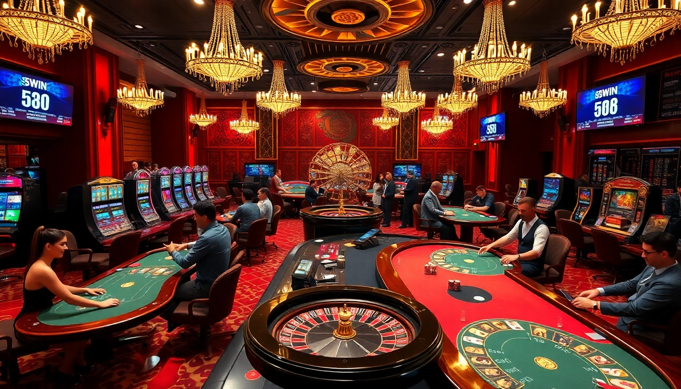 58WIN players enjoying an exciting casino experience at lavish tables, celebrating their victories.