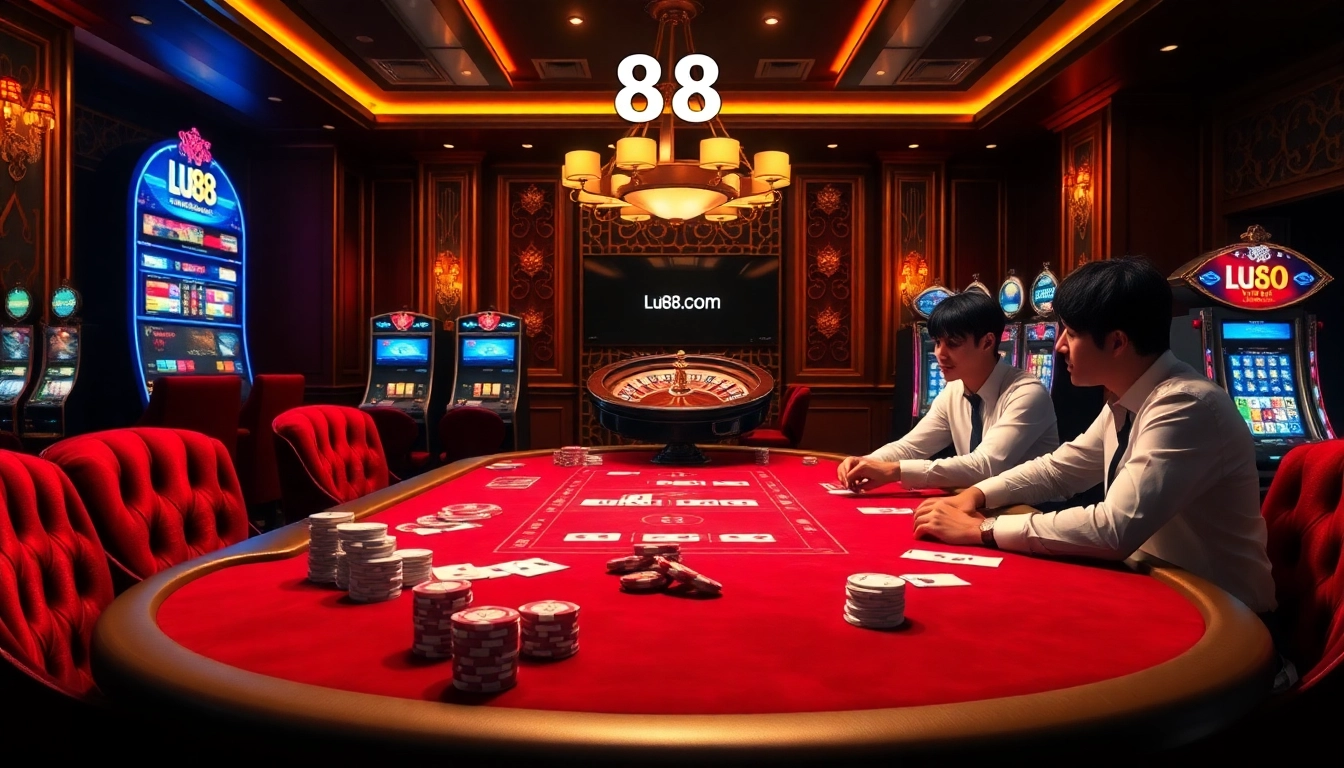 Exciting casino scene showcasing luxury gambling at Lu88.com with poker chips and roulette wheel.