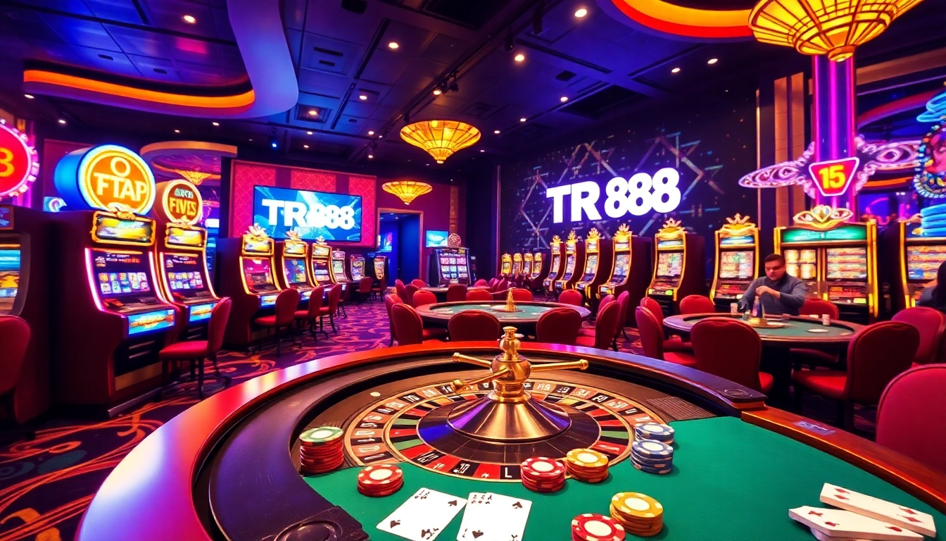 TR88 showcases vibrant casino excitement with roulette, slots, and colorful poker chips.