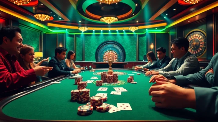 Excited players at a high-stakes poker game inspired by https://go88vn.blog showcasing vibrant casino atmosphere.
