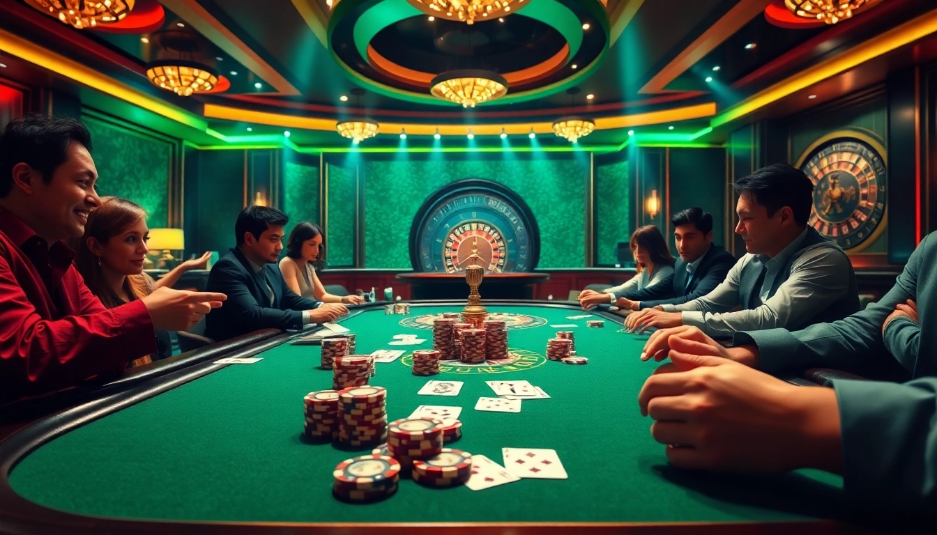 Excited players at a high-stakes poker game inspired by https://go88vn.blog showcasing vibrant casino atmosphere.