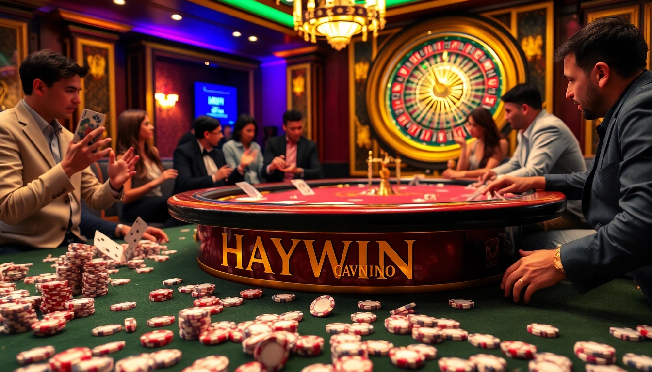 HAYWIN poker table with enthusiastic players engaging in thrilling gameplay.