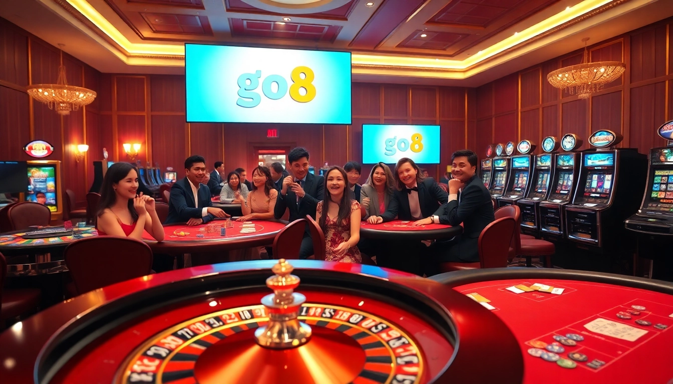 Excitement at the casino with roulette and poker tables featuring trang chủ go8 logo.