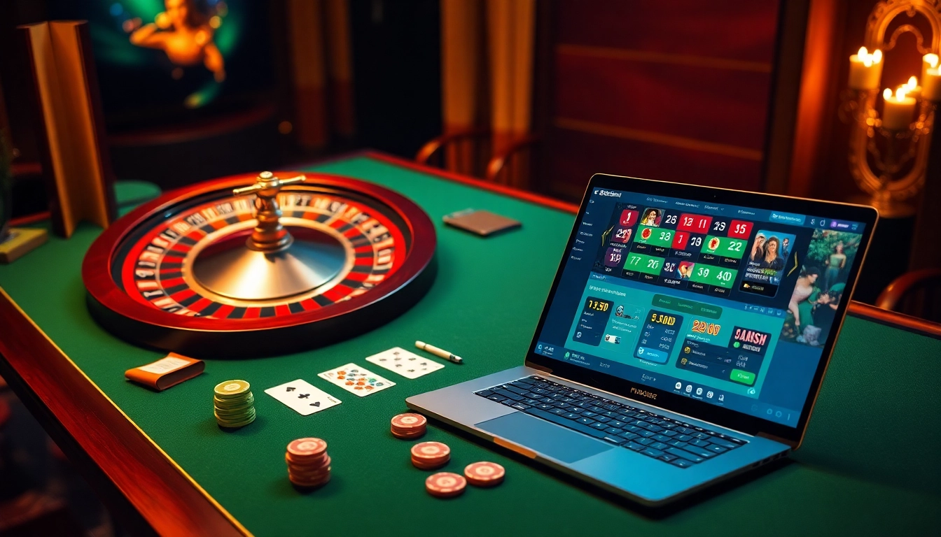 Experience the excitement of Fb88 with a luxurious casino scene featuring cards and roulette.