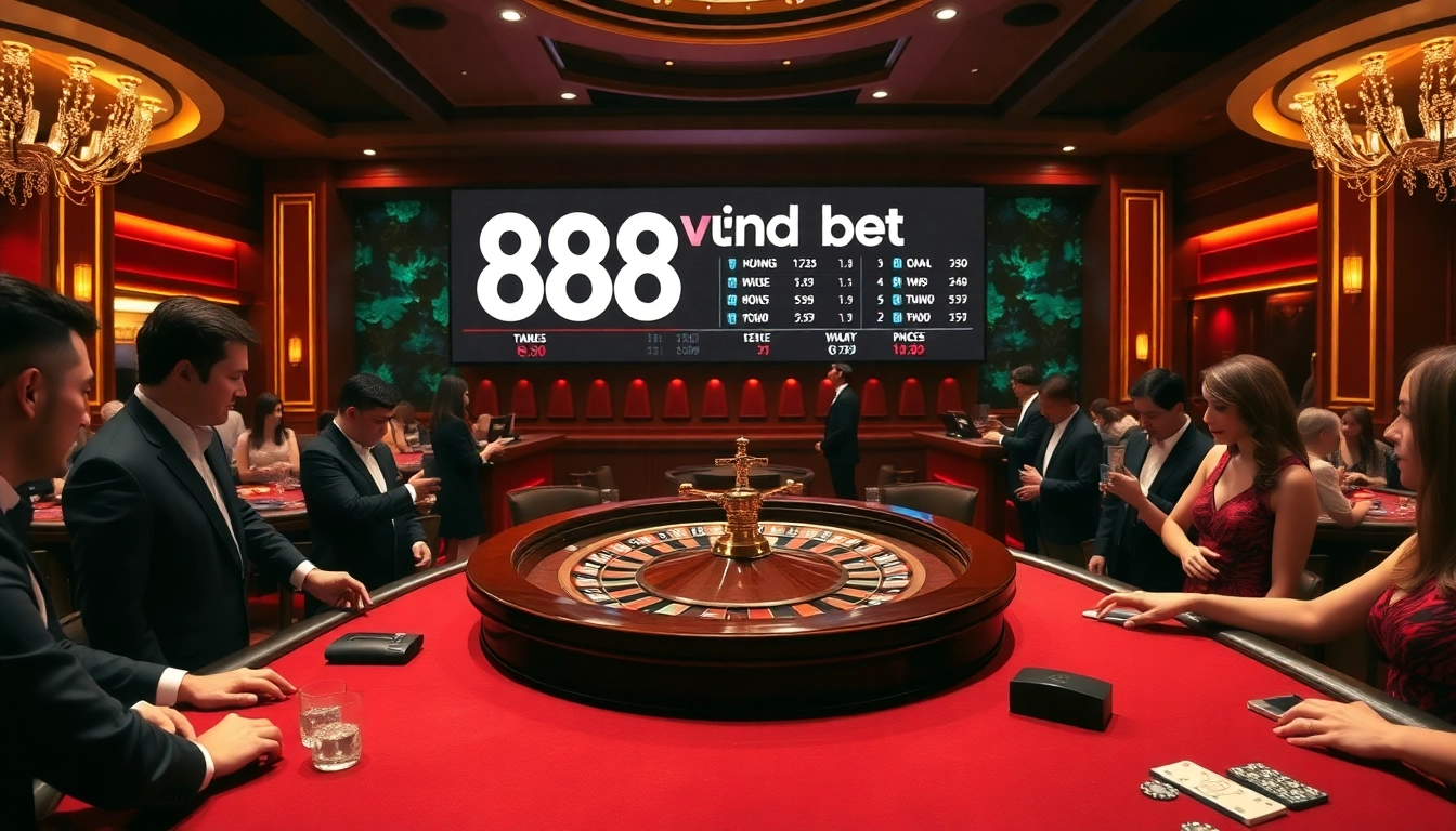Engage in the excitement of 888vnd bet at a luxurious casino featuring roulette and poker tables.
