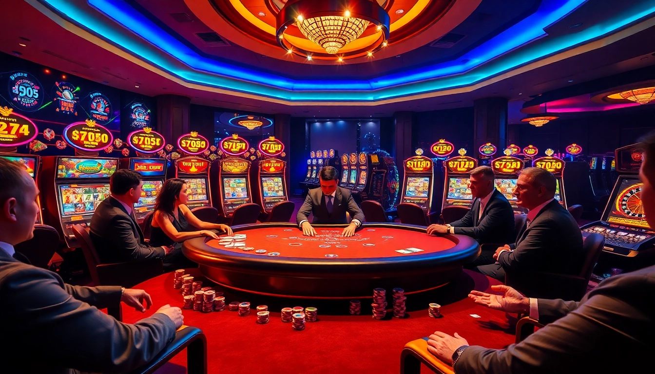 Experience excitement at 555win with a luxurious casino ambiance showcasing poker and slots.
